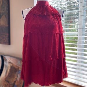 Layered lace halter top with satin tie